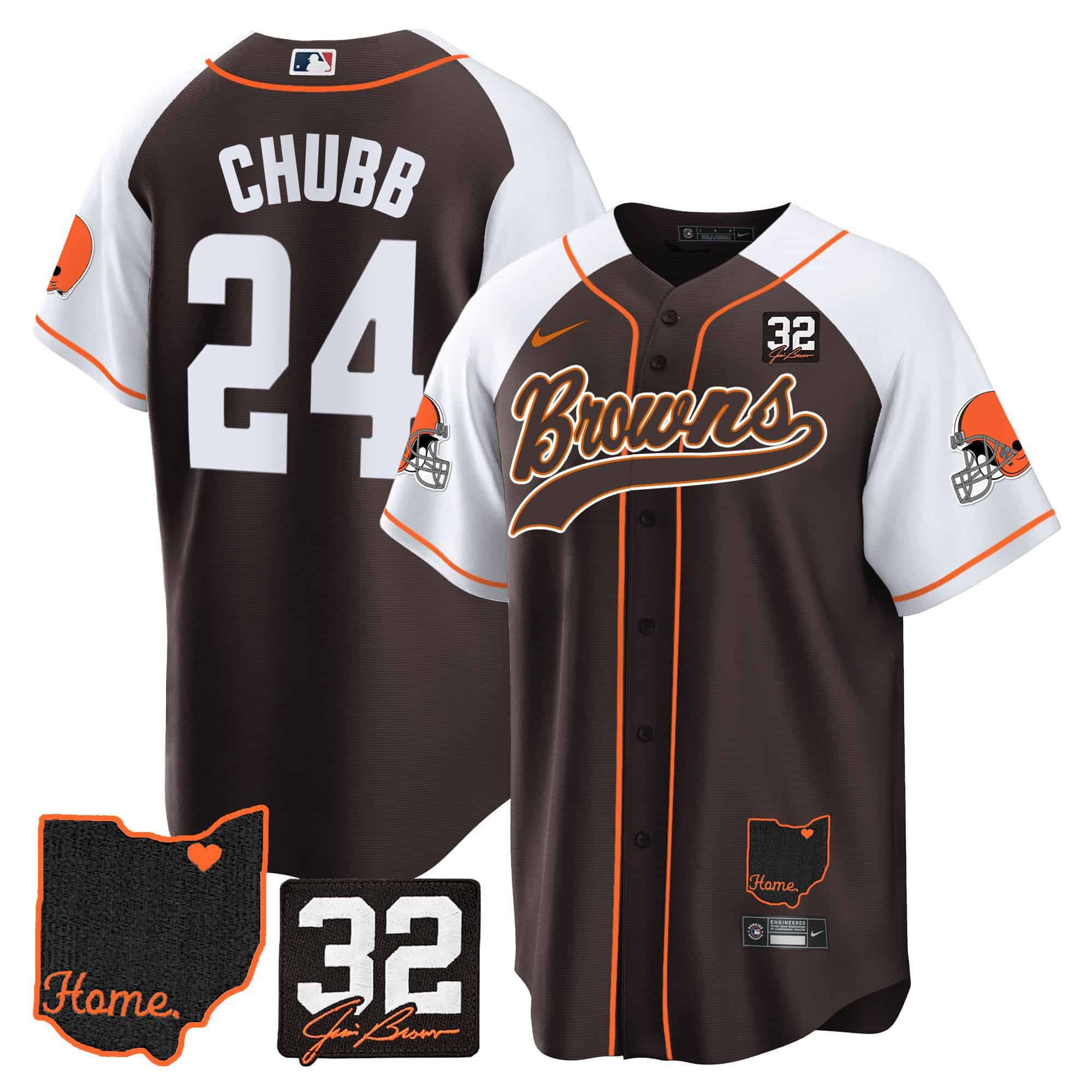 Men Cleveland Browns #24 Chubb Brown Memorial Home Patch Baseball 2024 Nike NFL Jersey